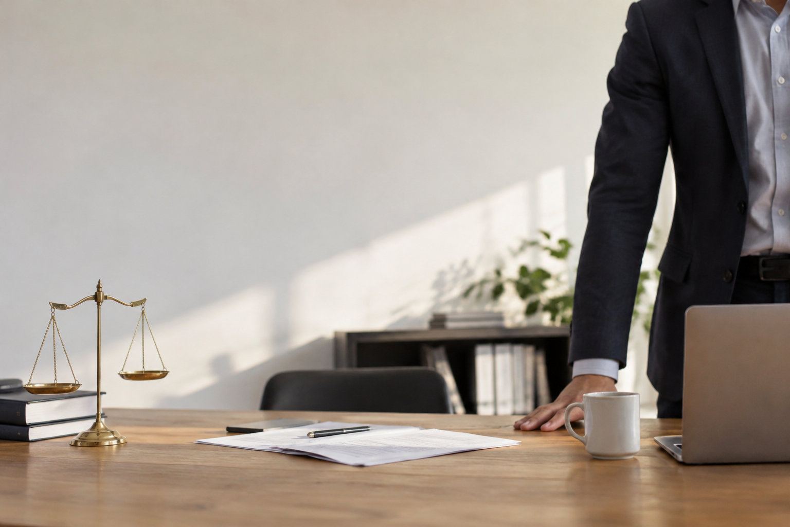Un dirigeant en costume derrière un bureau avec une balance de la justice et des documents juridiques.