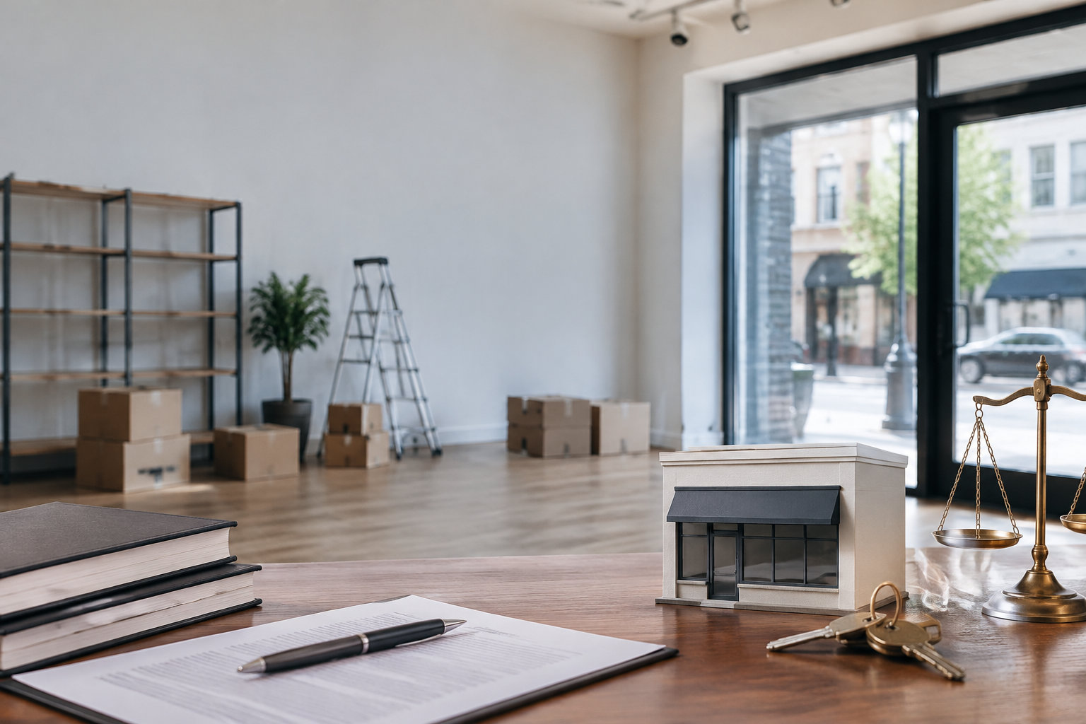 Bureau avec une maquette de magasin, des documents juridiques et une balance de justice devant un local vide.