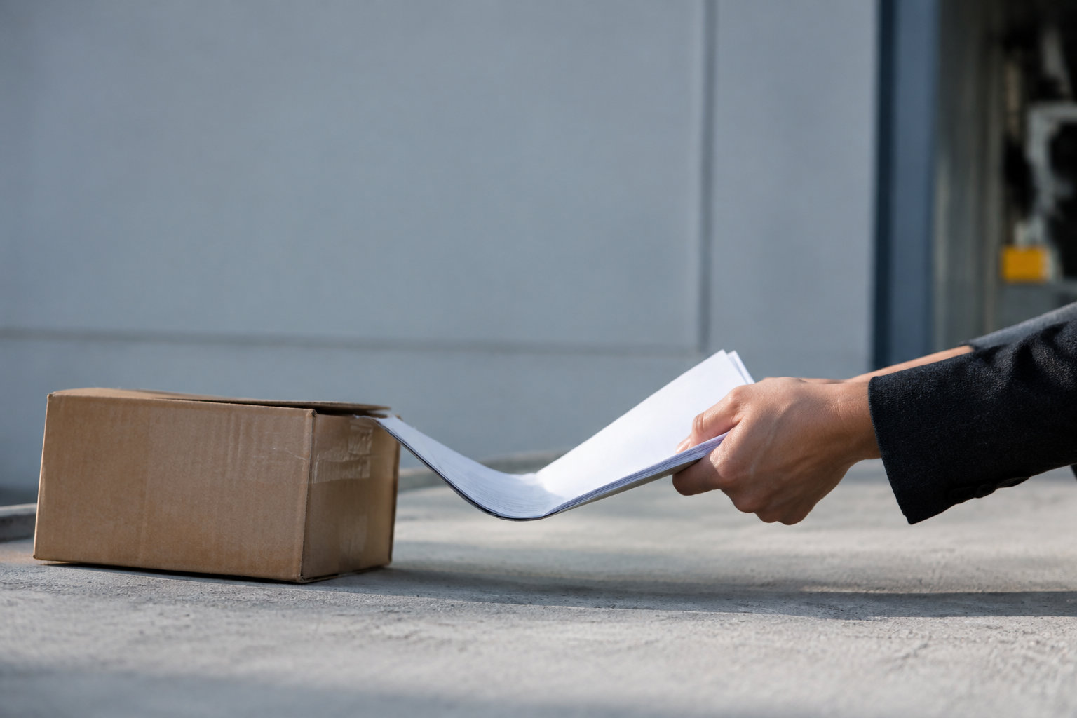 Une main en costume retire un document d'un carton posé au sol.