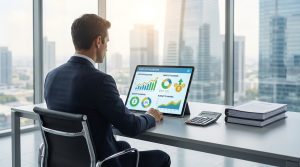 Avocat en costume travaillant sur une tablette affichant des graphiques financiers dans un bureau avec vue panoramique.