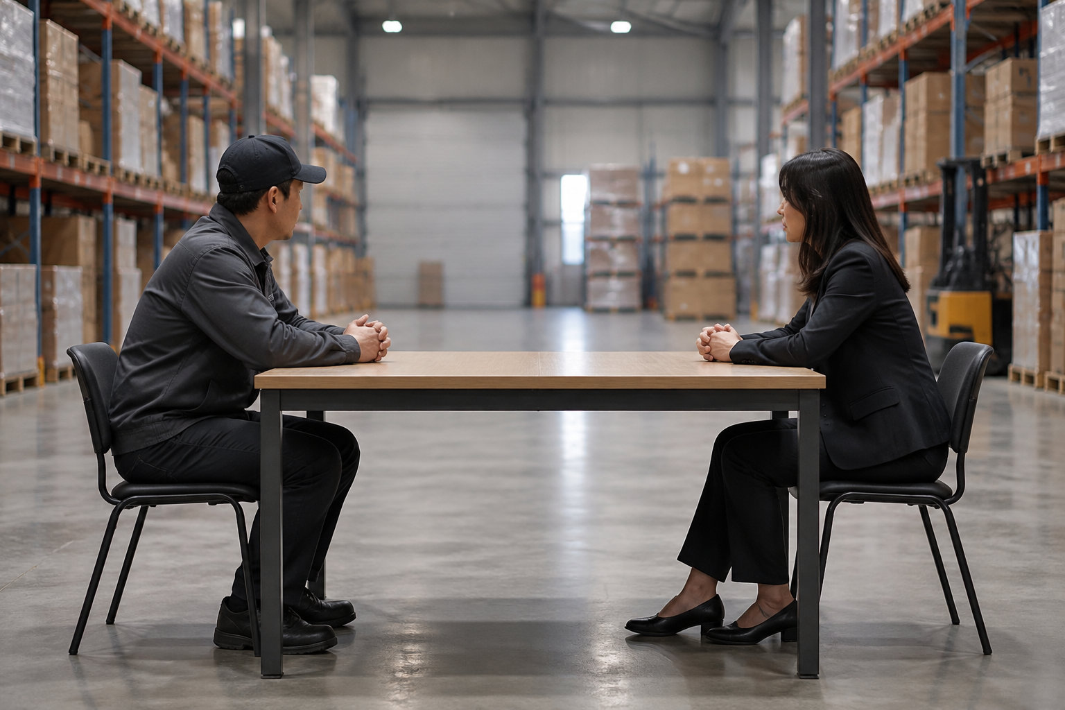 Un homme en tenue de travail et une femme en tailleur sont assis face à face à une table dans un entrepôt rempli de palettes et de cartons.