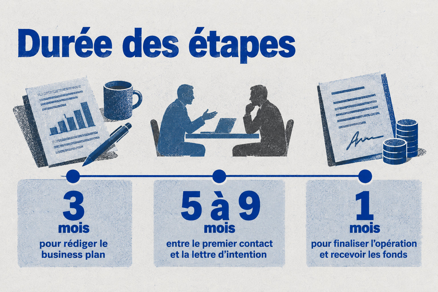 La préparation du business plan prend environ 3 mois, le parcours jusqu’à la lettre d’intention 5 à 9 mois, puis la finalisation et le versement des fonds environ 1 mois.