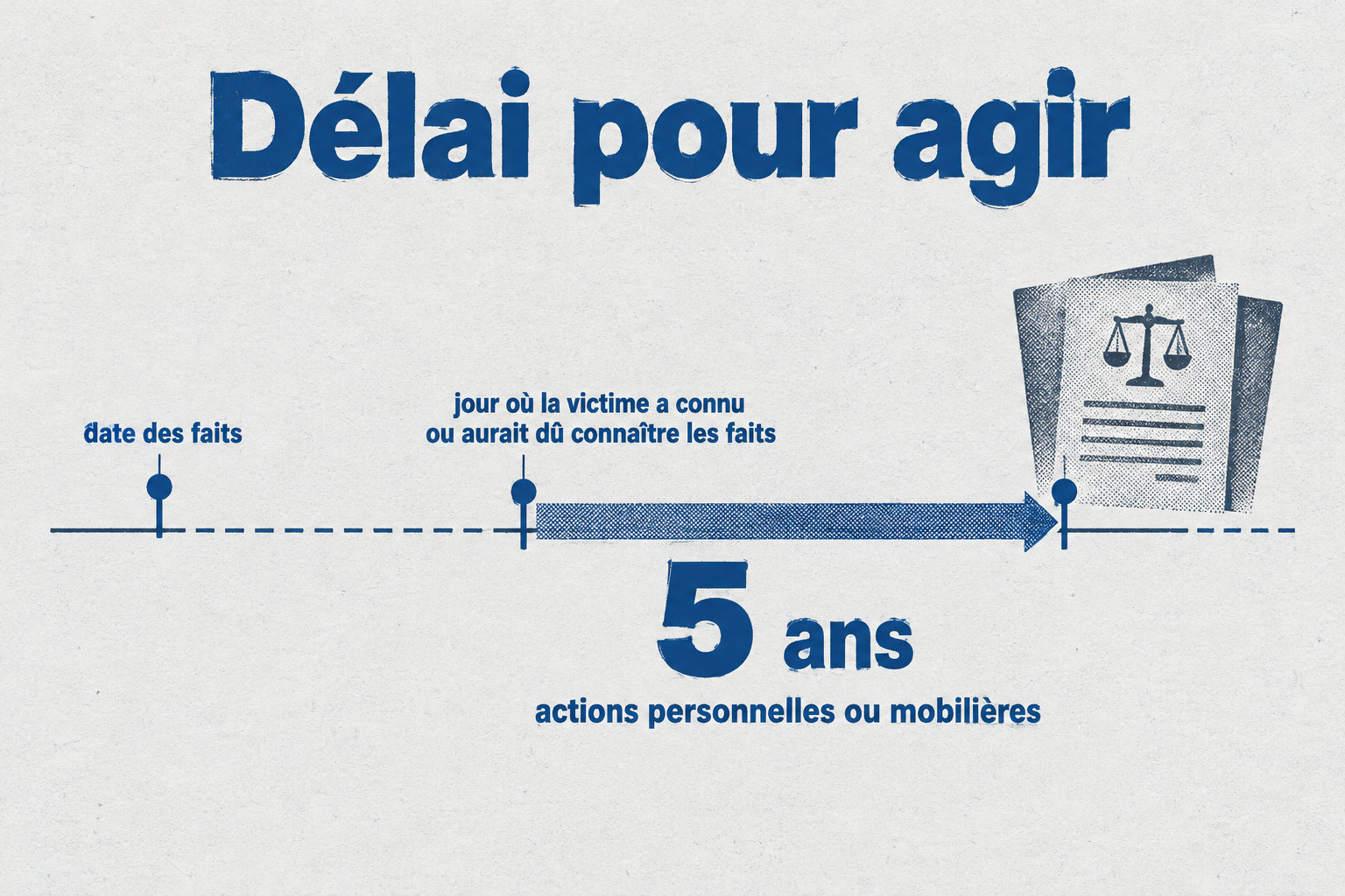 Le délai de cinq ans pour les actions personnelles ou mobilières commence lorsque la victime connaît ou aurait dû connaître les faits permettant d’agir, et non à la date des faits.