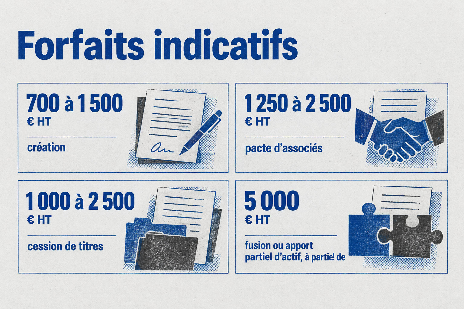 Les forfaits indicatifs vont de 700 à 1 500 € HT pour une création, de 1 250 à 2 500 € HT pour un pacte d’associés, de 1 000 à 2 500 € HT pour une cession de titres, et démarrent à 5 000 € HT pour une fusion ou un apport partiel d’actif.