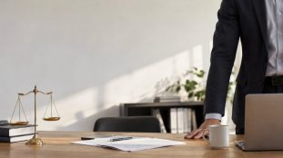 Un dirigeant en costume derrière un bureau avec une balance de la justice et des documents juridiques.