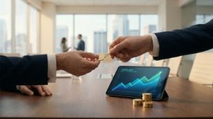 Deux mains en costume échangent une clé dorée au-dessus d'une table. Une tablette affiche un graphique de gain en capital et des pièces d'or.